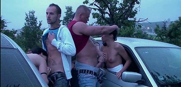  Extreme PUBLIC dogging foursome with a pregnant girl
